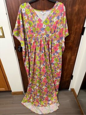 Unique Vintage Pink Floral Maxi Dress/Caftan with Green & Purple Accents